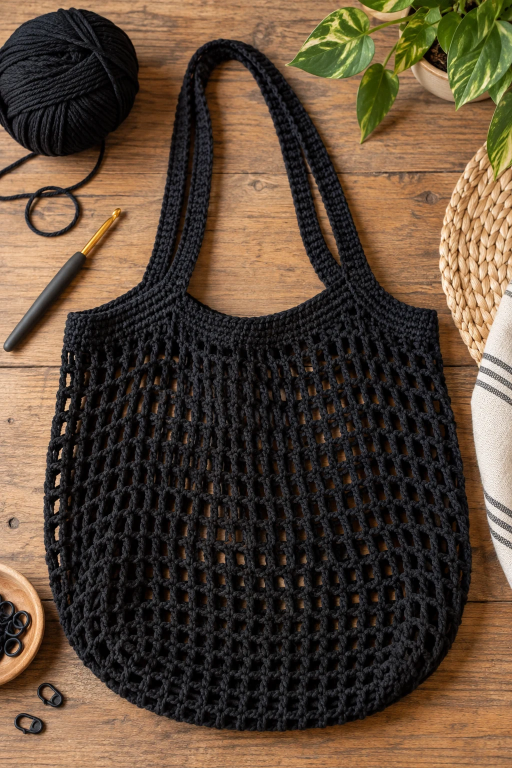 Minimalist Mesh Market Tote — black crochet bag style outfit