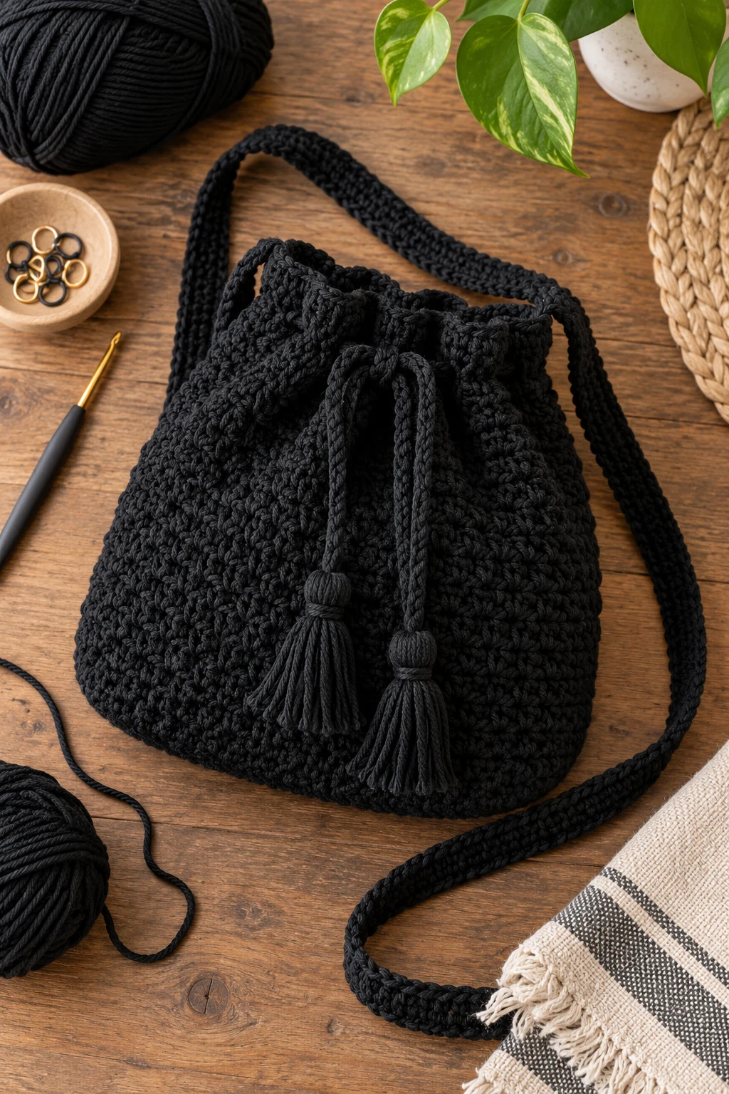Black Crochet Bag With a Drawstring — black crochet bag style outfit