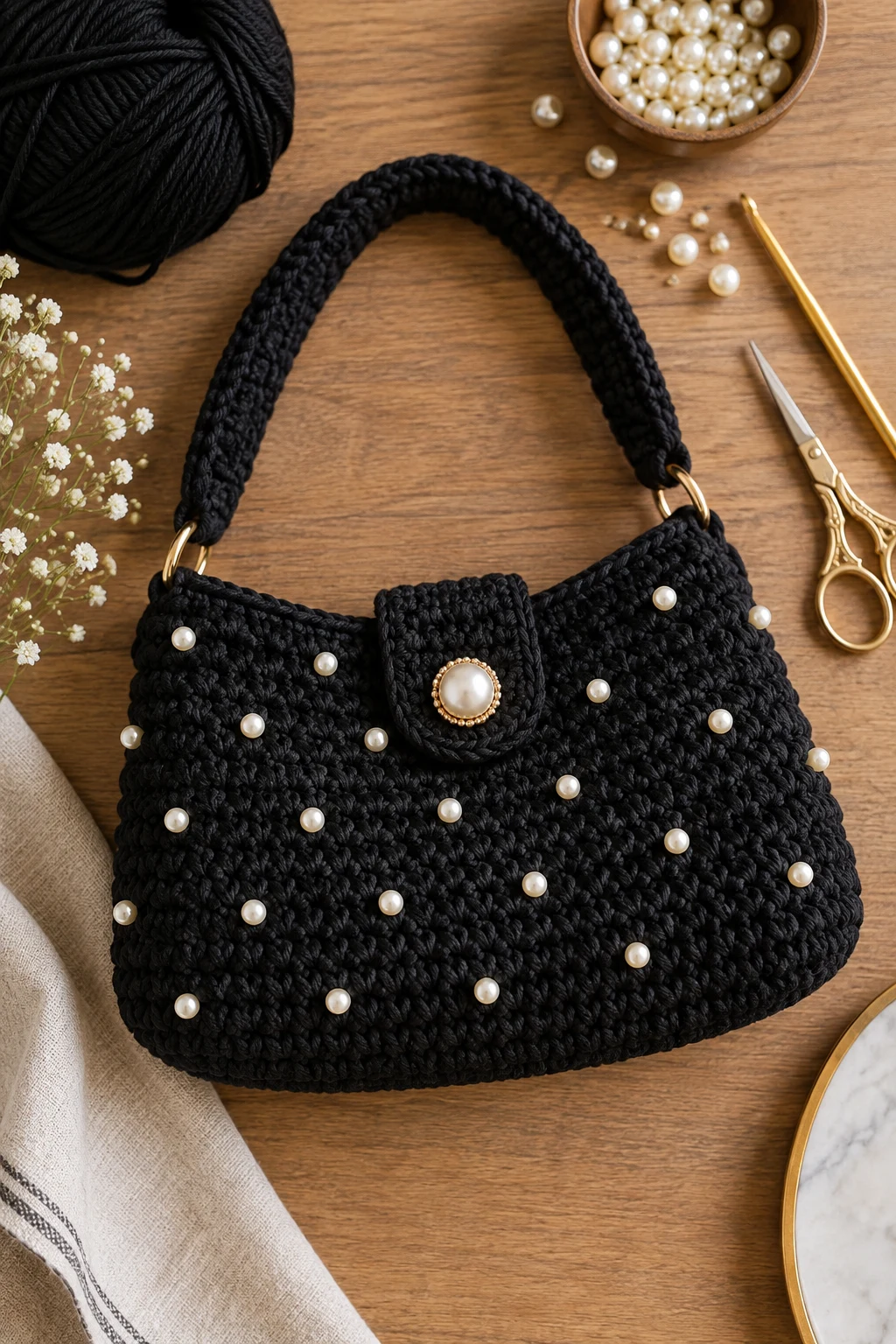 Black Crochet Bag With Pearl Details — black crochet bag style outfit
