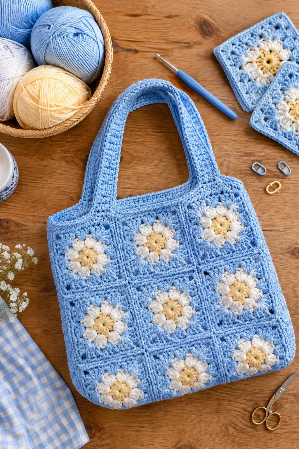 Sky-Blue Granny Square Classic — blue crochet bag style outfit