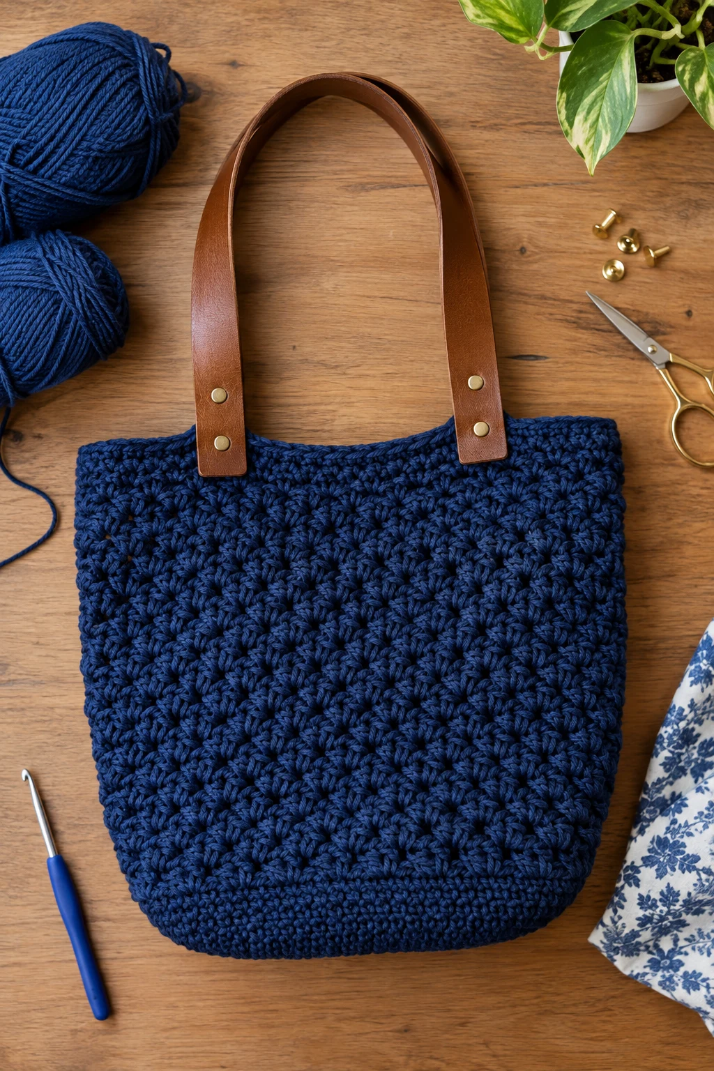 Navy Blue Crochet Bag With Leather Handles — blue crochet bag style outfit