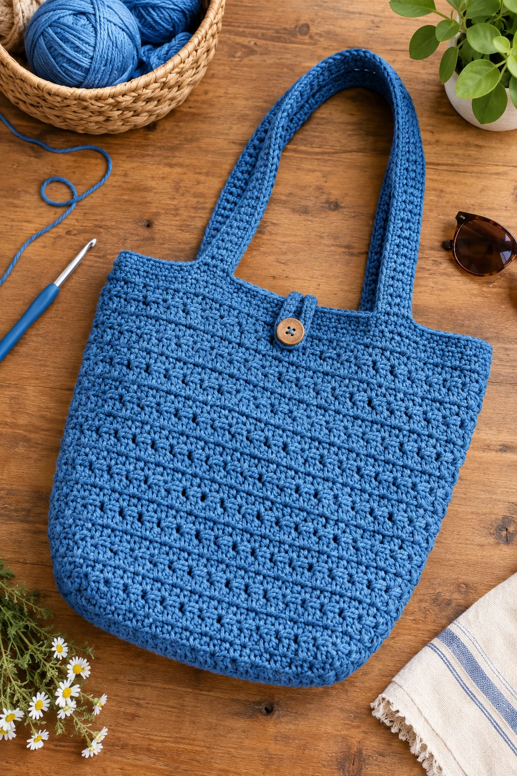 Blue Crochet Tote Bag for Market Days — blue crochet bag style outfit