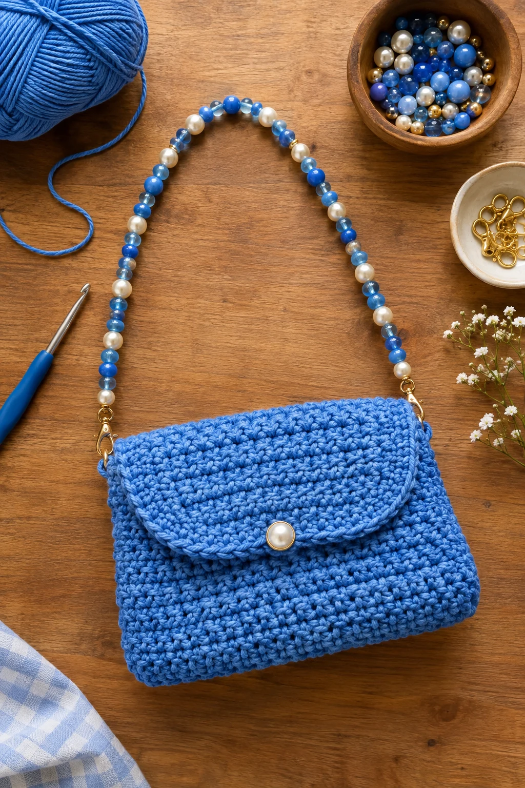 Blue Crochet Purse With a Beaded Strap — blue crochet bag style outfit