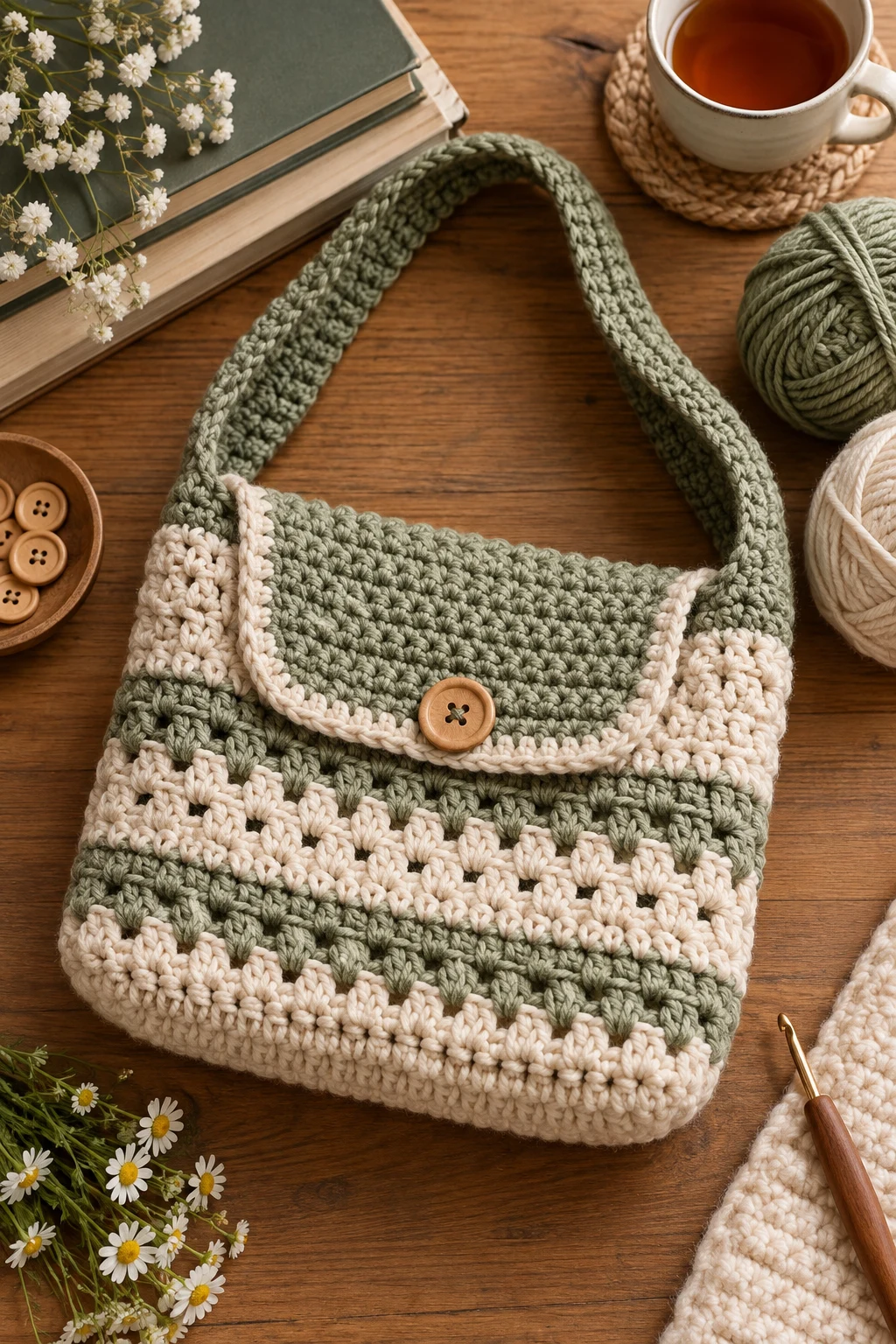 Cozy Book Bag Crochet With a Button Flap — book bag crochet style outfit