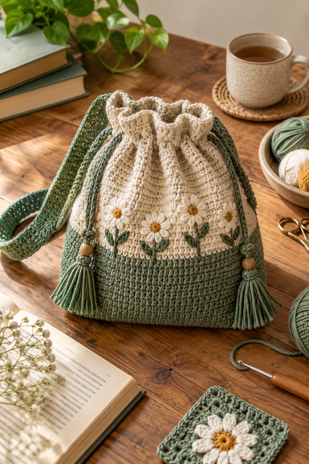 Drawstring Library Bag — book bag crochet style outfit