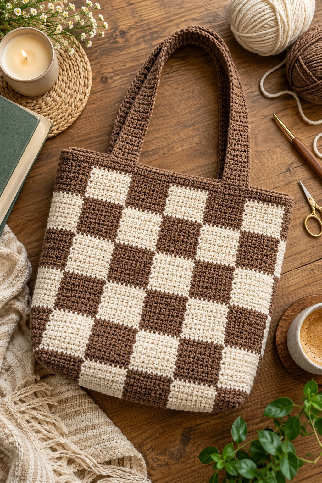Two-Tone Checkerboard Tote — book bag crochet style outfit