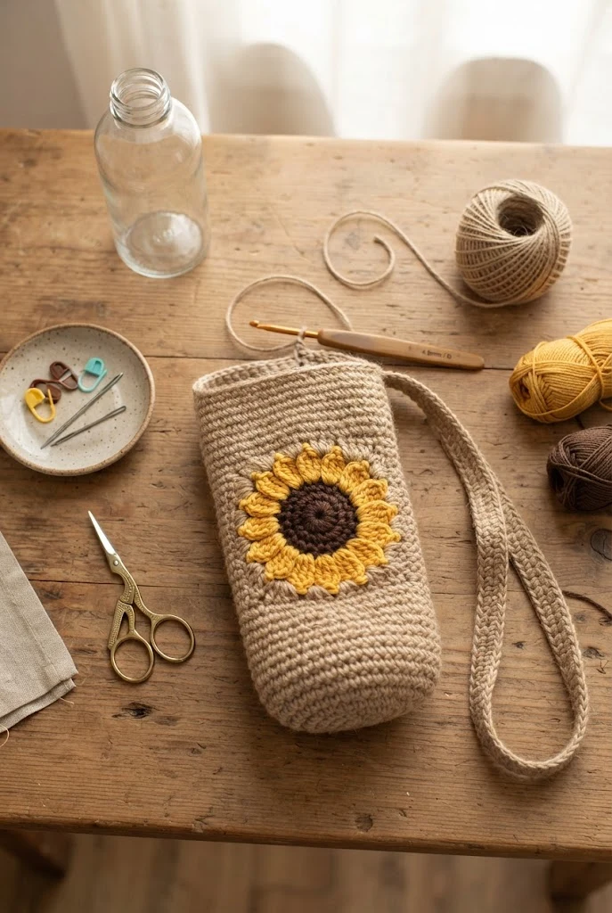Sunflower Motif Summer Bottle Sling — bottle bag crochet style outfit