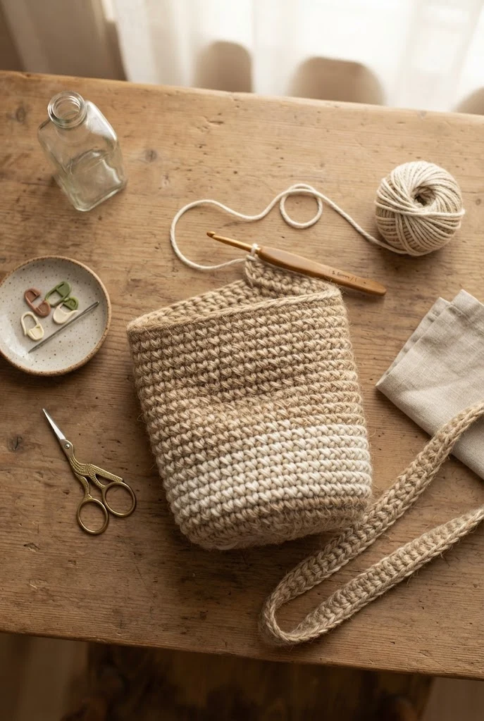 Rustic Jute and Cotton Farmer Tote — bottle bag crochet style outfit