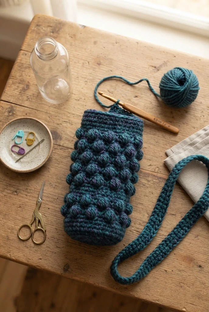 Puffy Bobble Stitch Water Bottle Cozy — bottle bag crochet style outfit