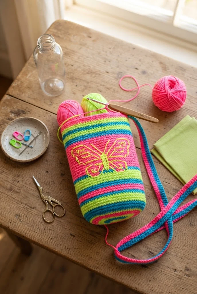 Neon Y2K Butterfly Bottle Bag — bottle bag crochet style outfit