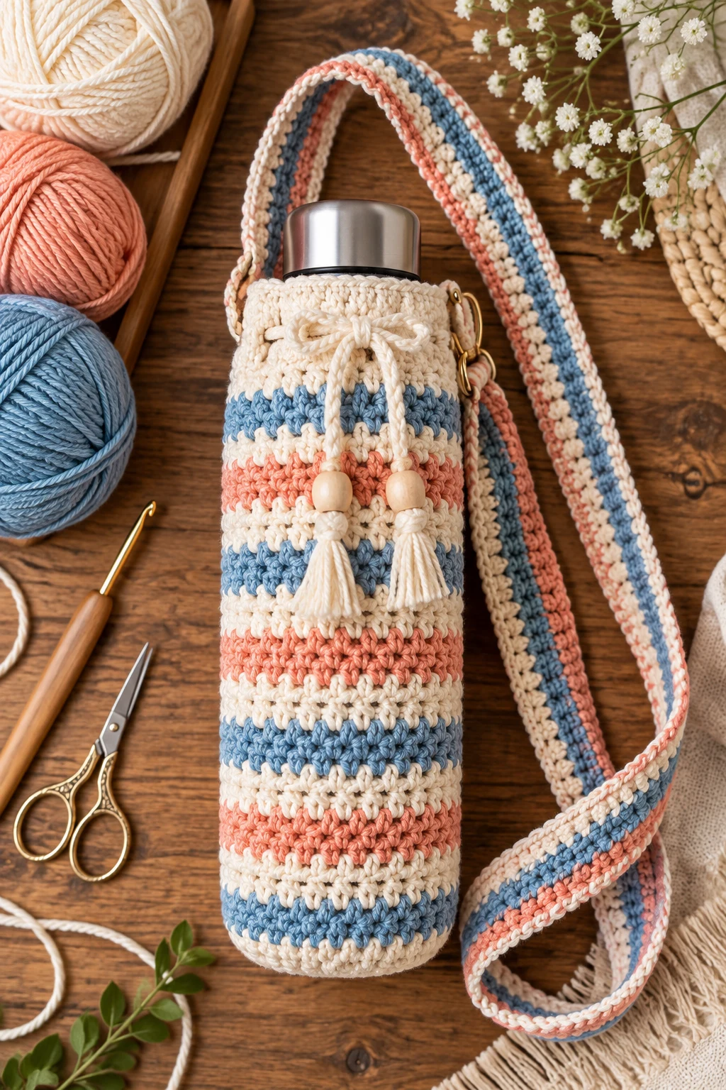 Striped Summer Water Bottle Bag — bottle bag crochet style outfit