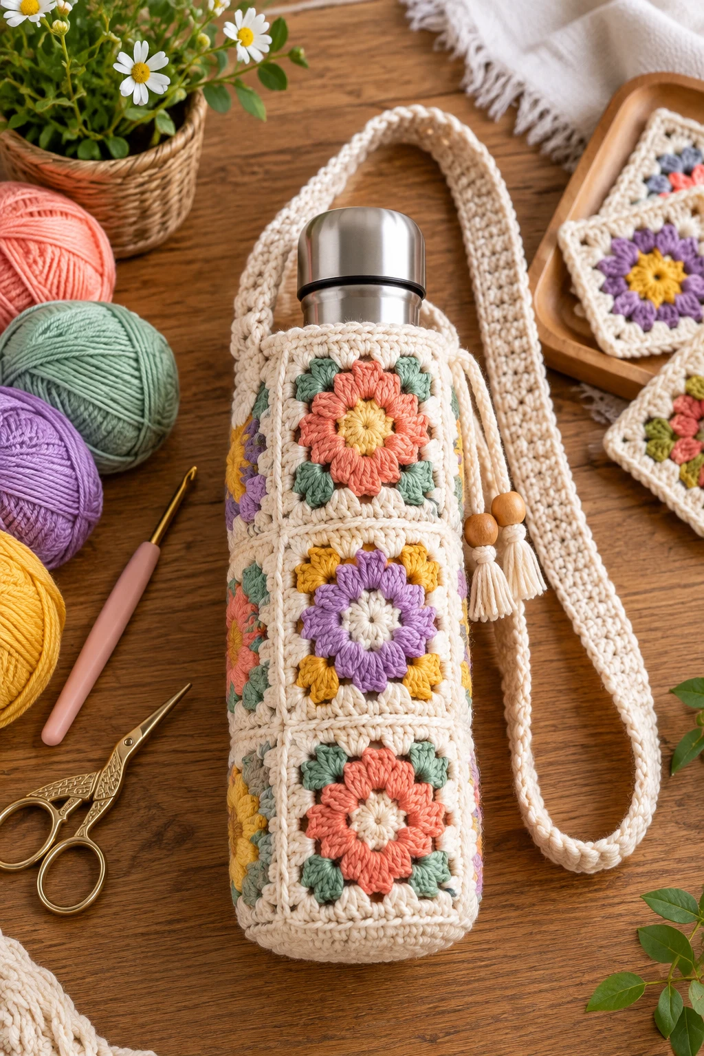 Granny Square Bottle Bag Crochet — bottle bag crochet style outfit