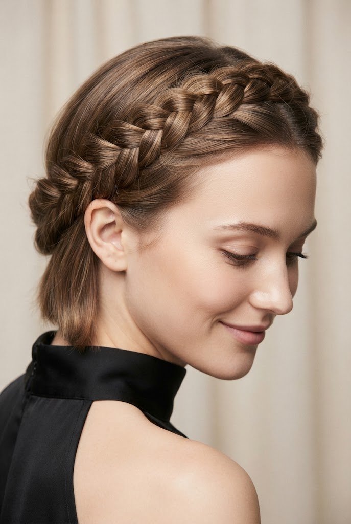 The Crown-Hugging Dutch Halo Plait — Braided updo hairstyles for short hair style outfit