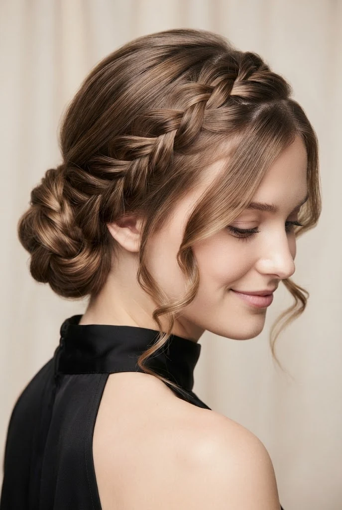 Side-Swept French Laced Updo — Braided updo hairstyles for short hair style outfit