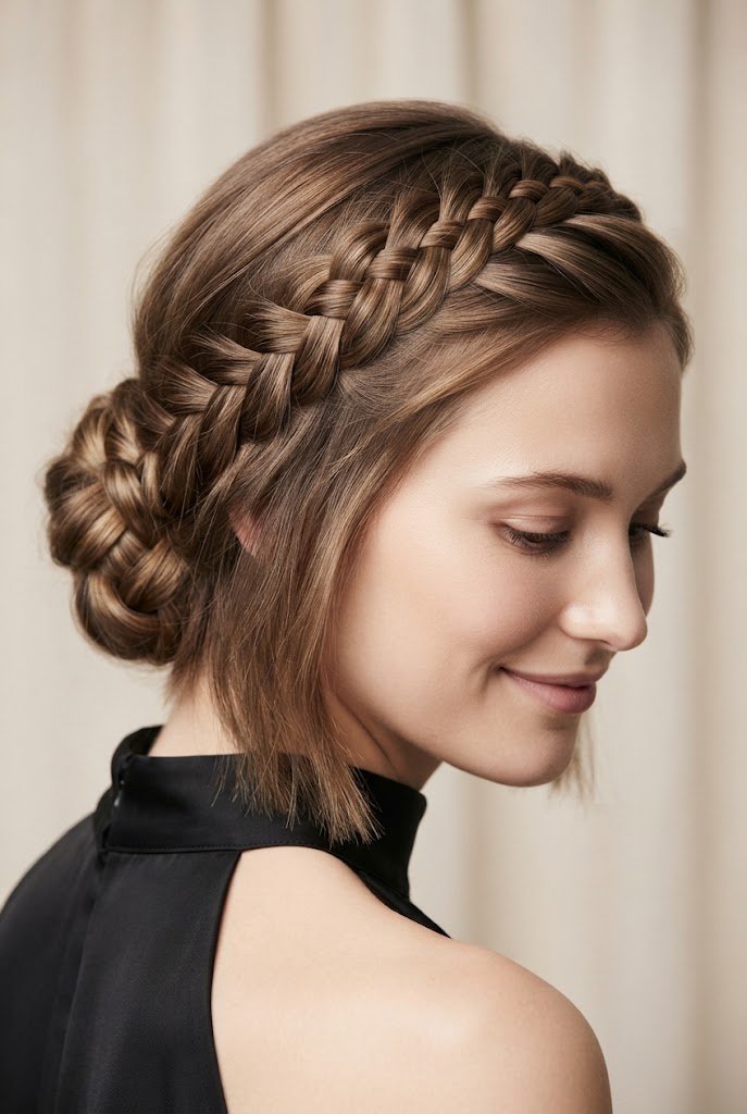 Half-Up Crown Braid with Nape Tuck — Braided updo hairstyles for short hair style outfit