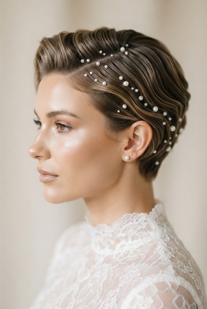 The Sculpted Pearl Pixie — bridal hairstyles for short hair style outfit