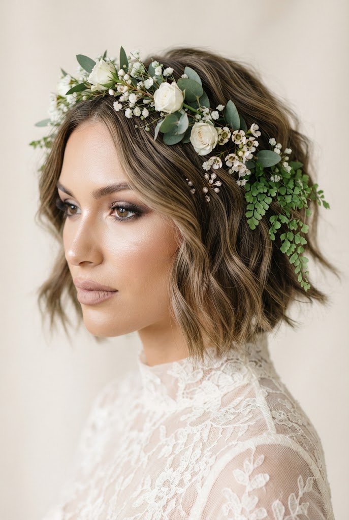 The Botanical Crown Bob — bridal hairstyles for short hair style outfit