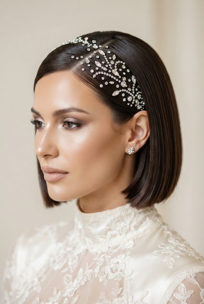 Crystal-Encrusted Sleek Bob — bridal hairstyles for short hair style outfit