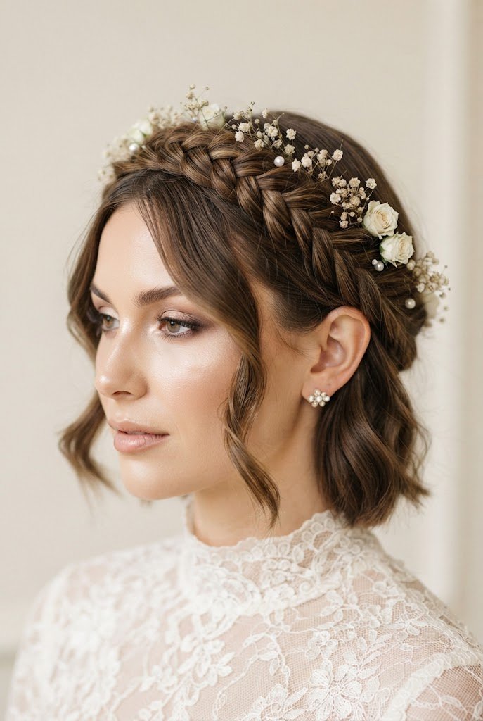 Romantic Braided Crown for Bobs — bridal hairstyles for short hair style outfit