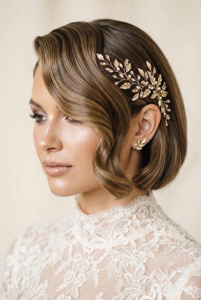 The Golden Leaf Asymmetric Side-Sweep — bridal hairstyles for short hair style outfit