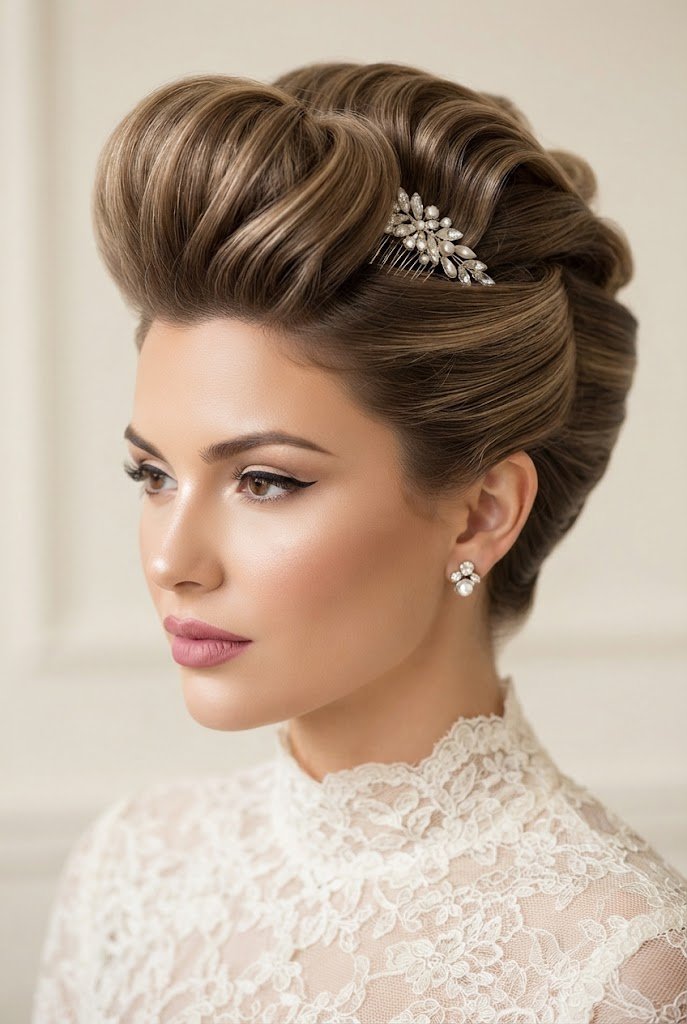 Voluminous Retro Pompadour — bridal hairstyles for short hair style outfit