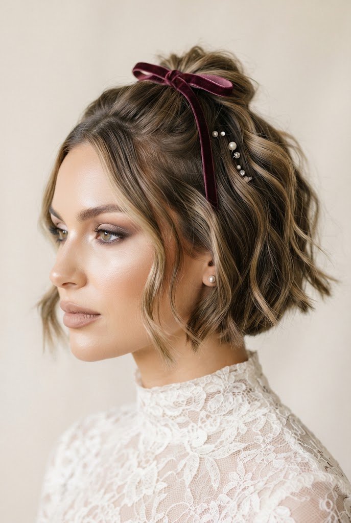 Velvet Ribbon Half-Up Crop — bridal hairstyles for short hair style outfit