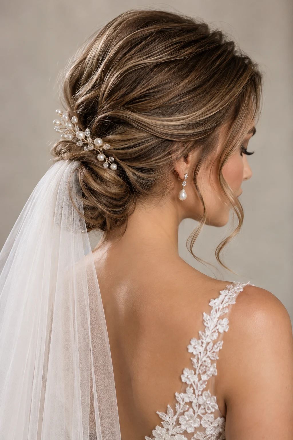 Romantic Low Chignon — bridal hairstyles with veil style outfit