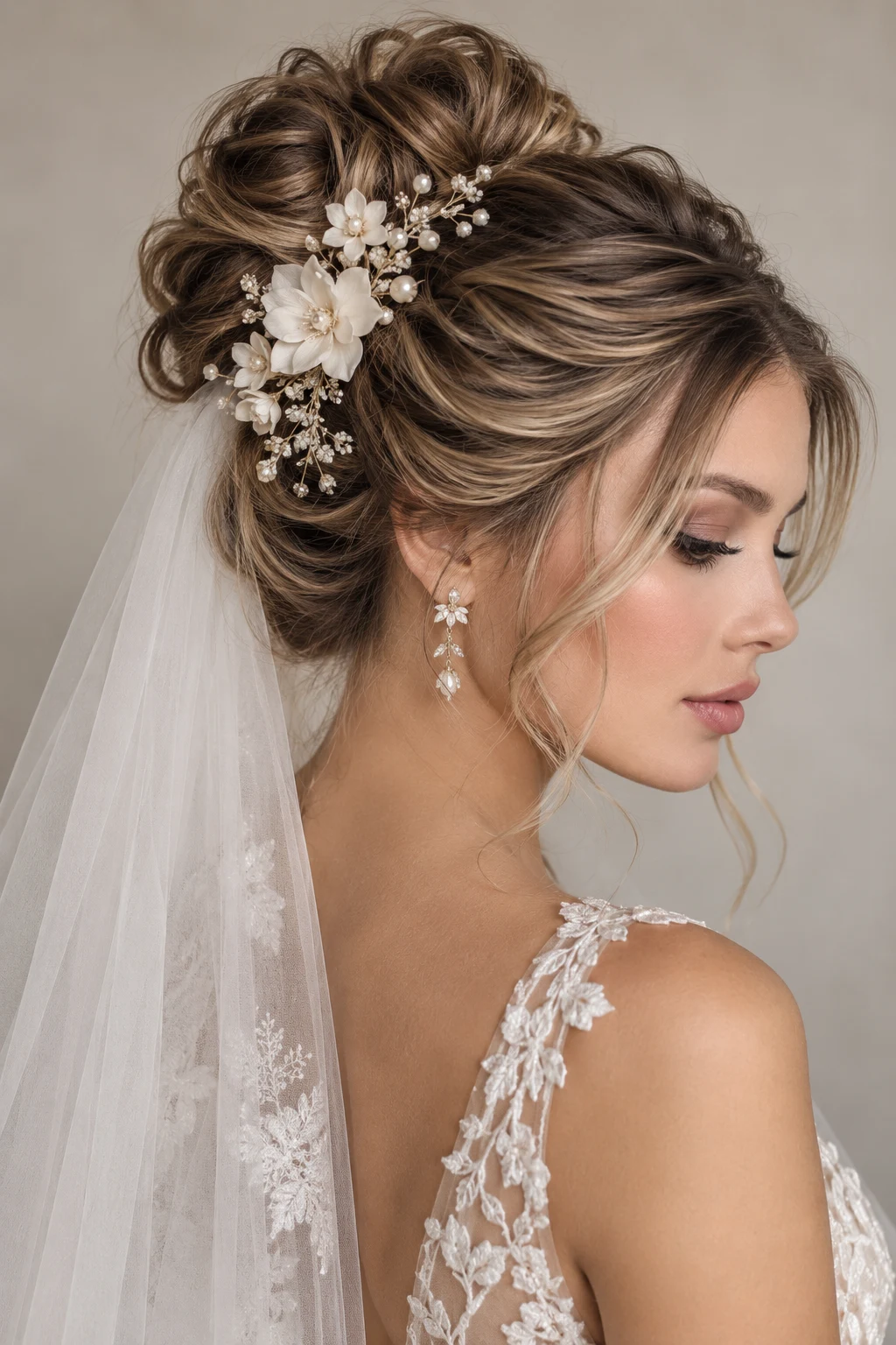 Floral Romantic Updo — bridal hairstyles with veil style outfit
