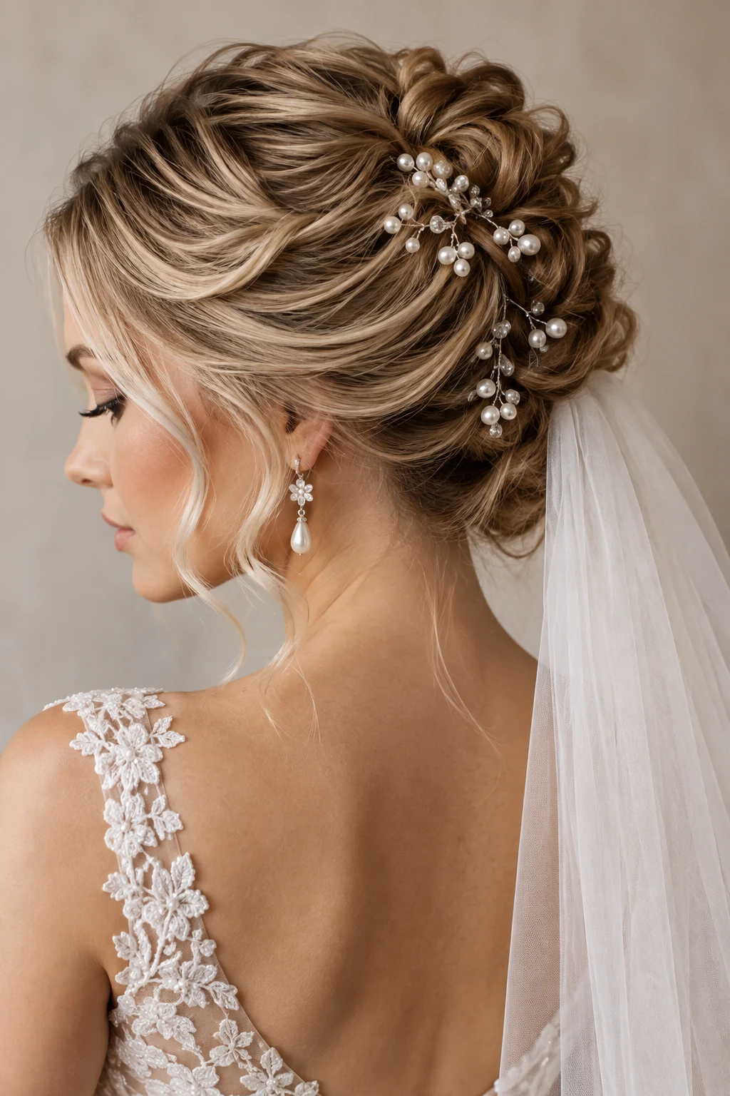 Pearl-Studded Bridal Updo — bridal hairstyles with veil style outfit