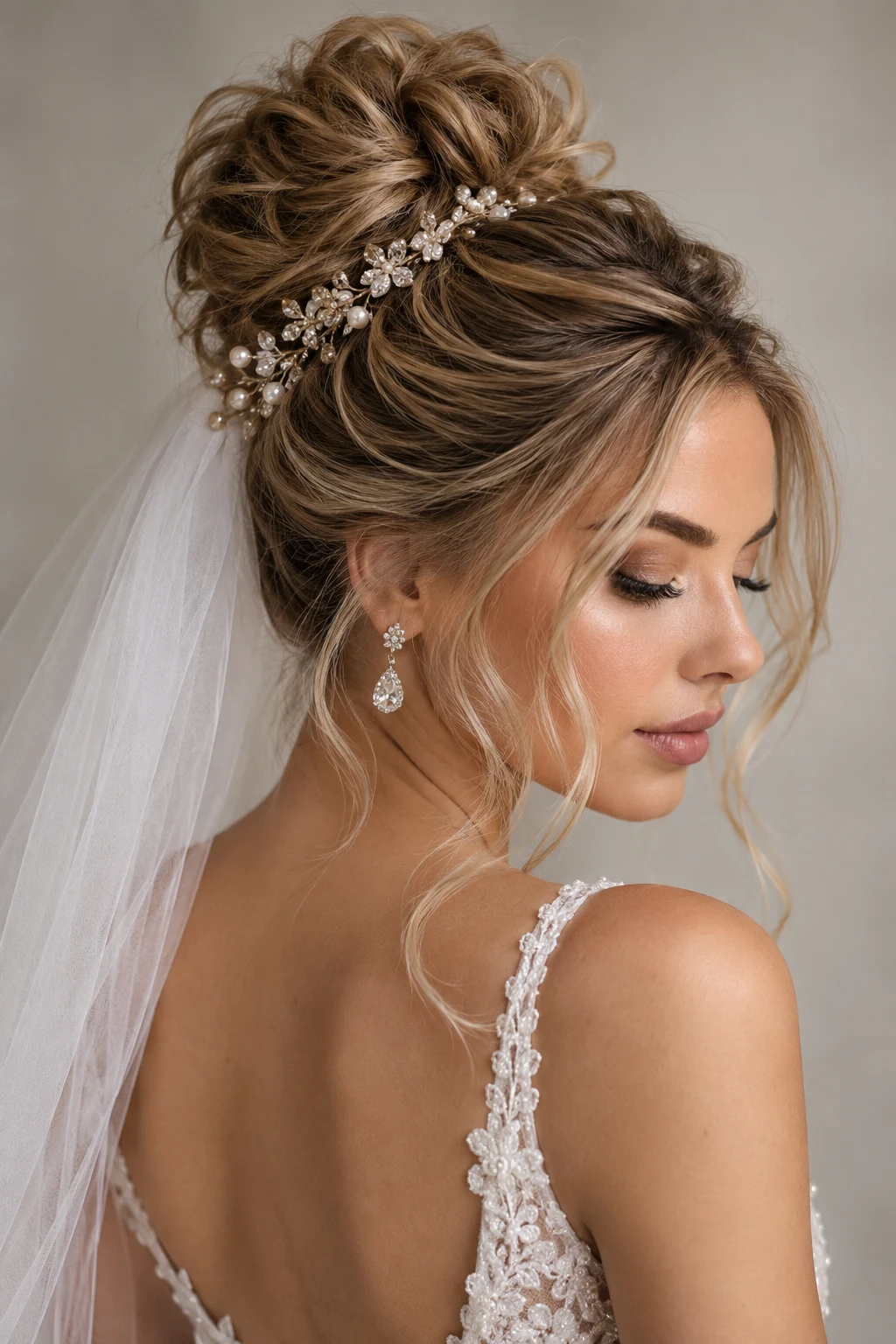 Textured High Bun — bridal hairstyles with veil style outfit