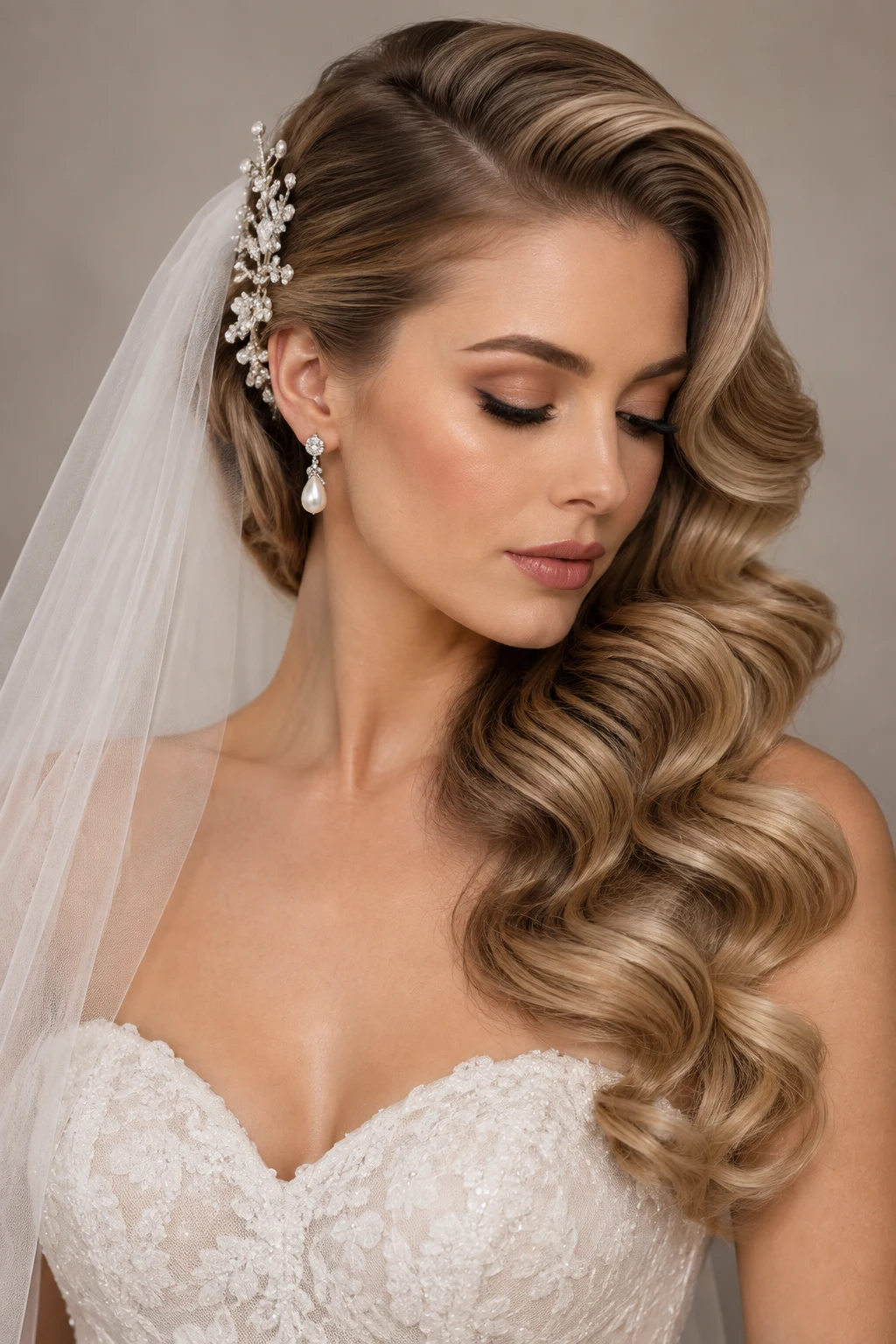 Old-Hollywood Side Sweep — bridal hairstyles with veil style outfit