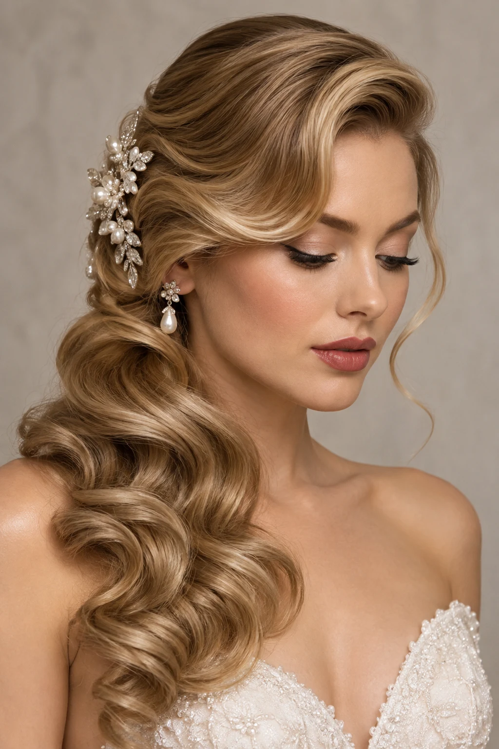 Old-Hollywood Side Sweep โ bridal updos style outfit
