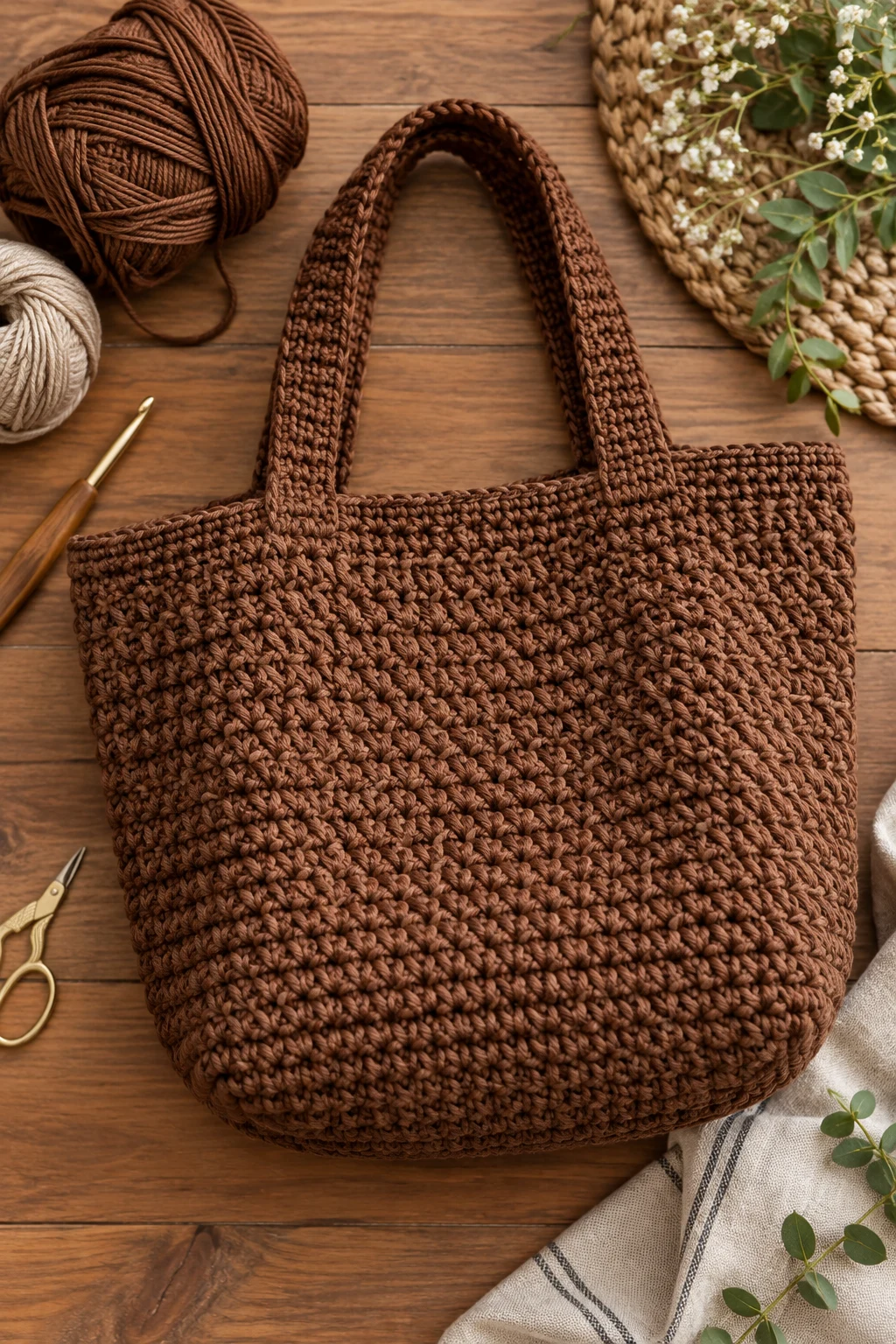 Classic Mocha Market Tote — brown crochet bag style outfit