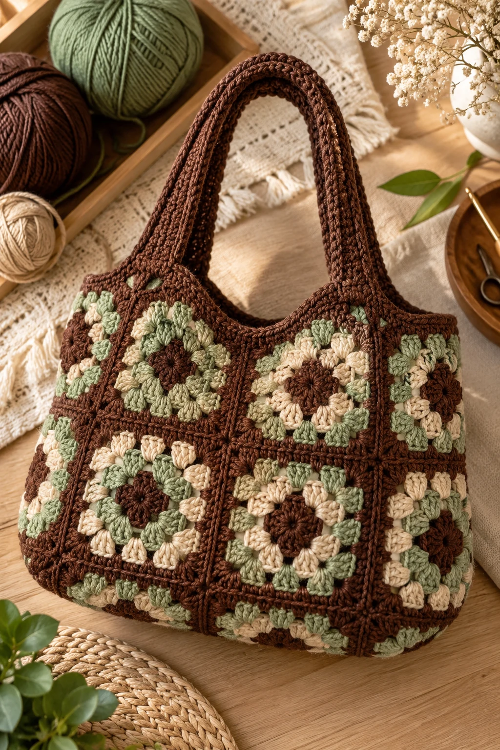 Sage-and-Brown Granny Bag — brown crochet bag style outfit