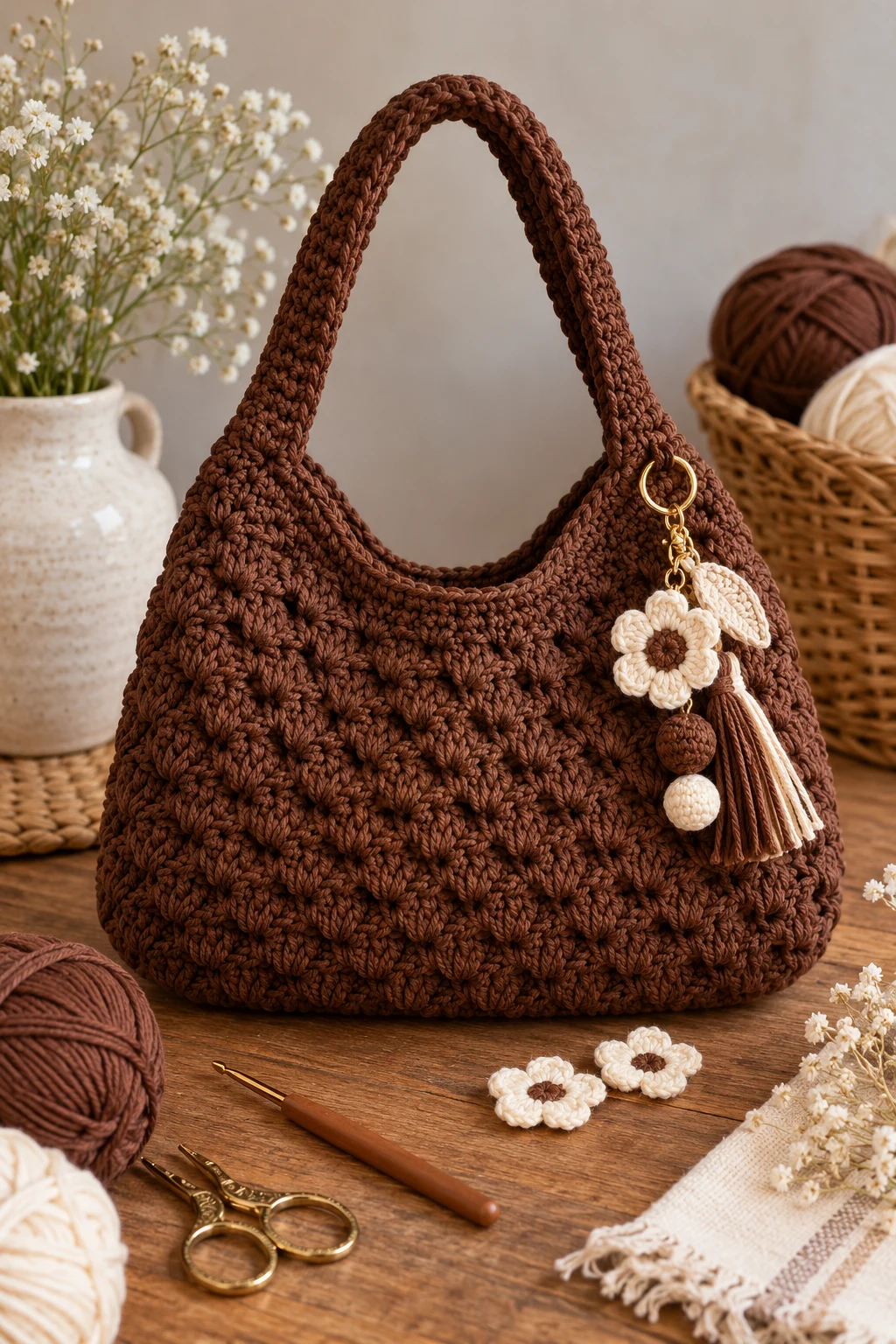 Brown Crochet Bag With a Charm — brown crochet bag style outfit