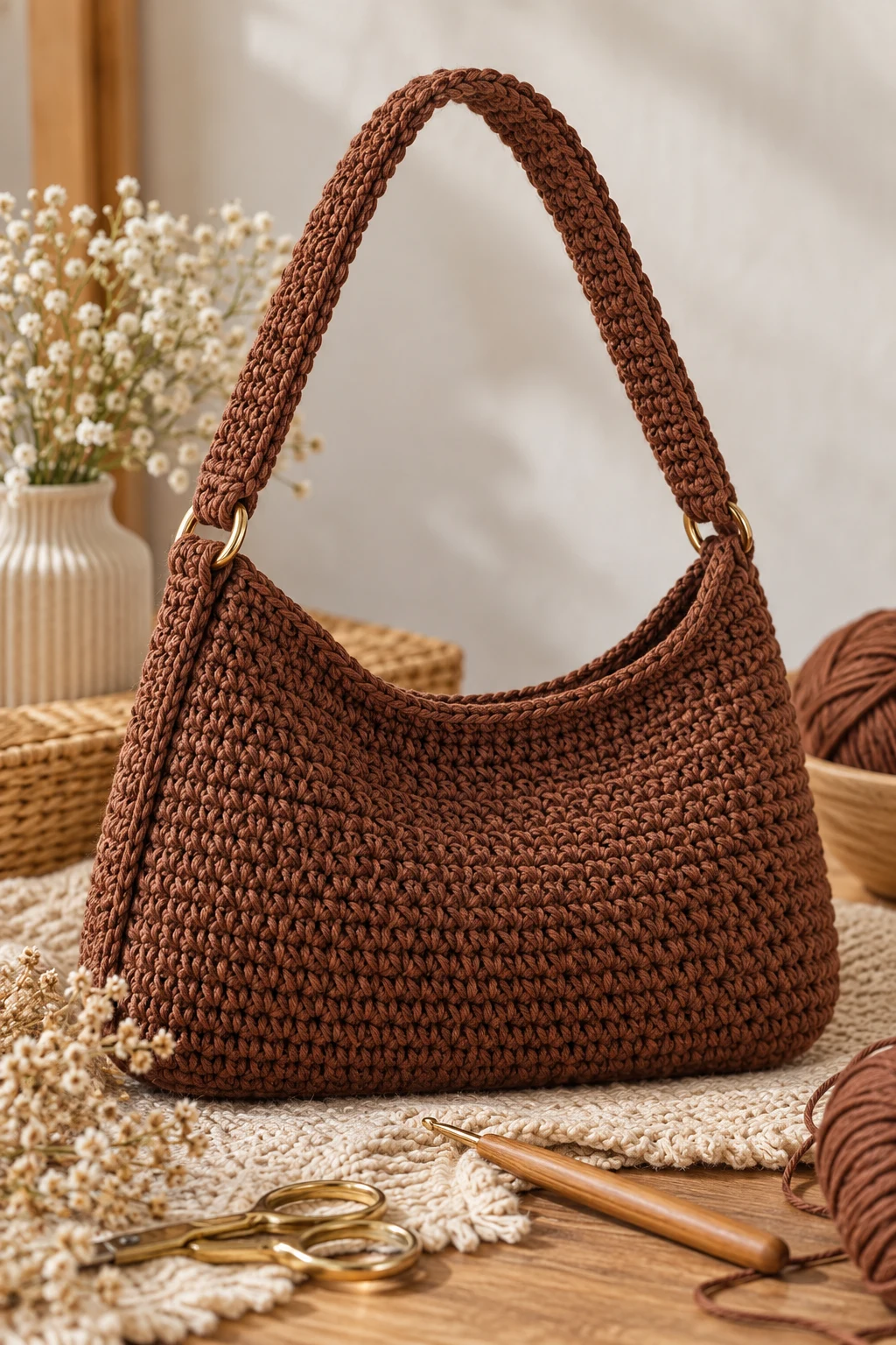 Mango-Inspired Cocoa Shoulder Bag — brown crochet bag style outfit