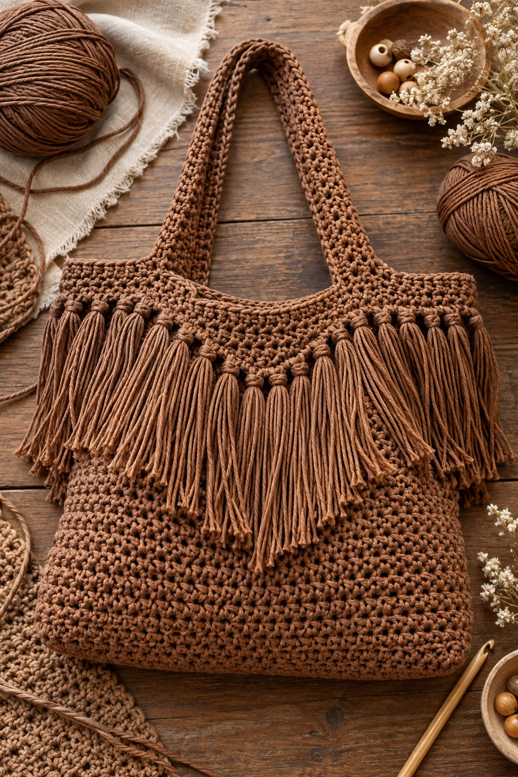 Boho Fringe Tote — brown crochet bag style outfit