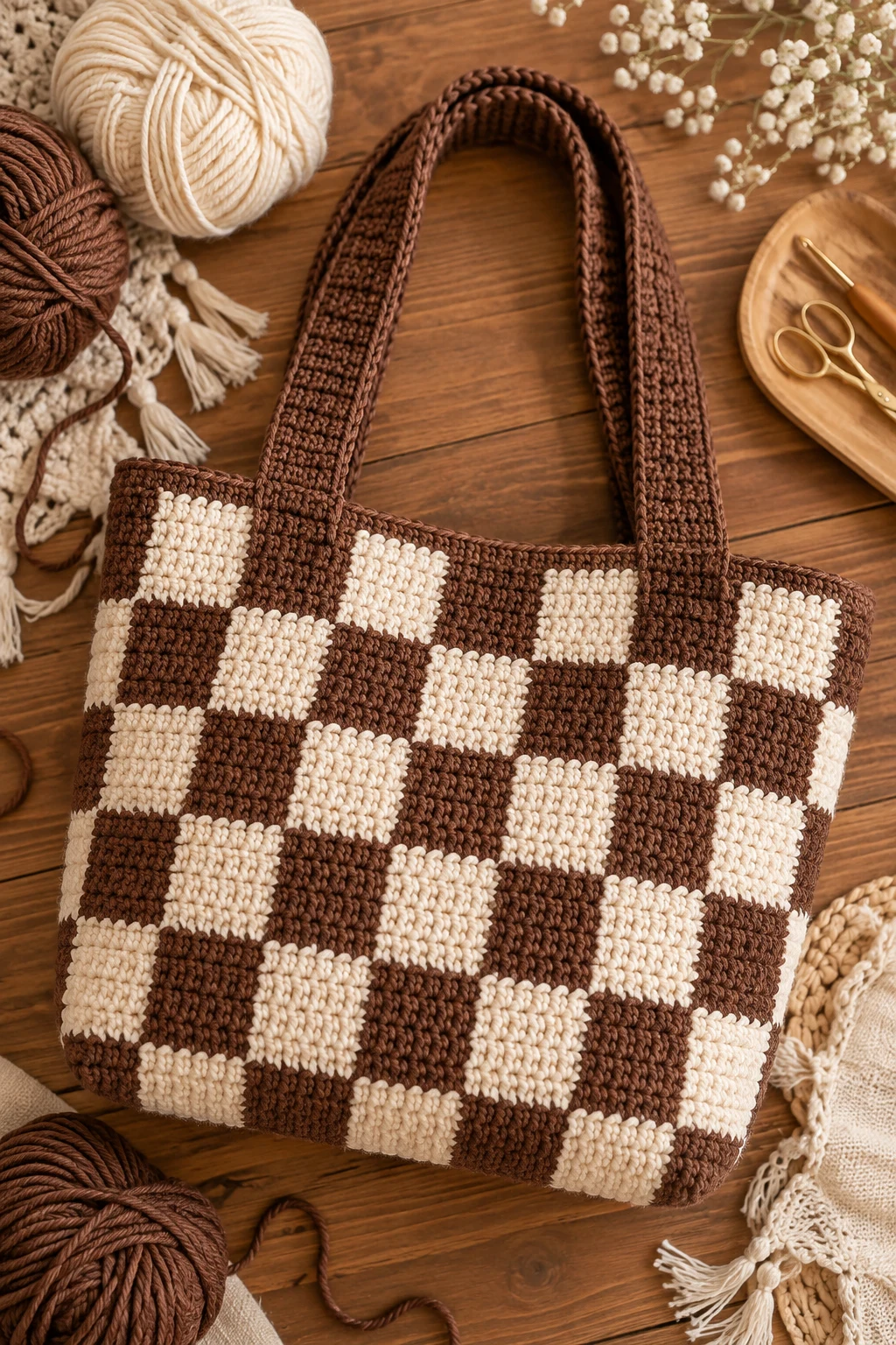 Brown-and-Cream Checkerboard Tote — brown crochet bag style outfit