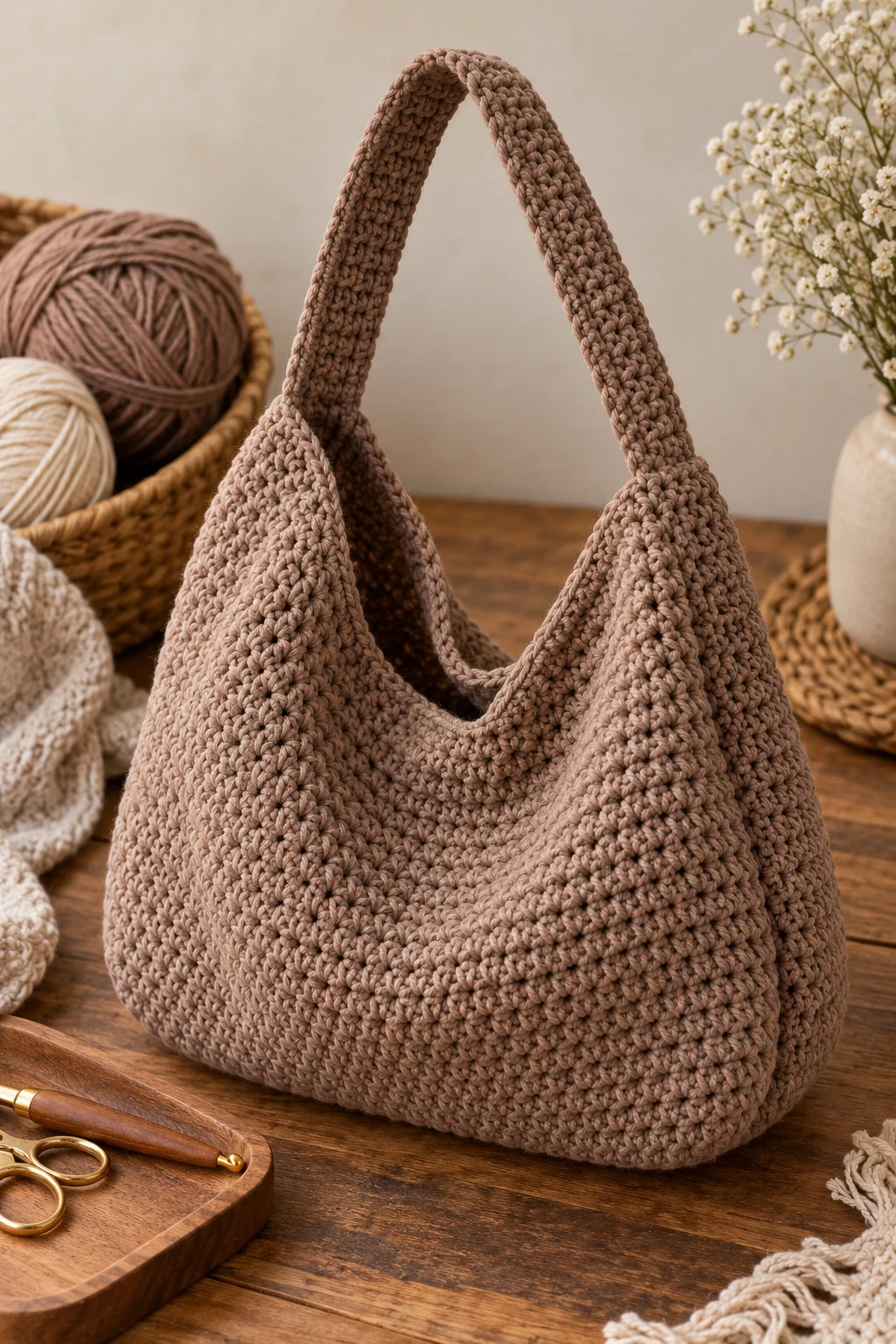 Soft Taupe Slouch Bag — brown crochet bag style outfit