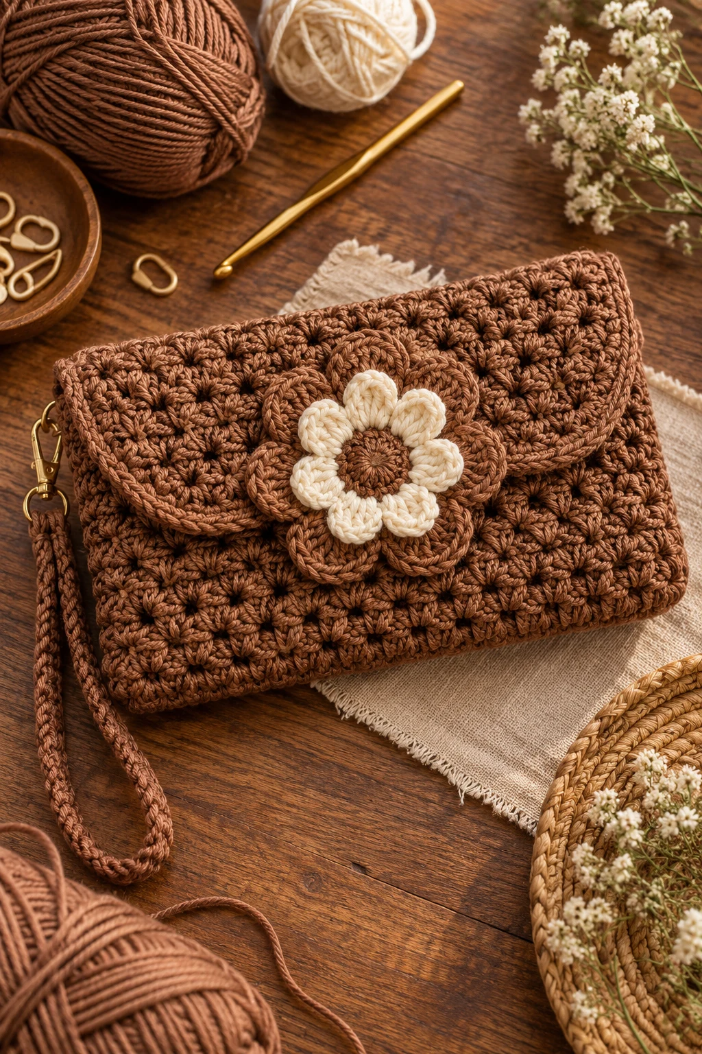 Brown Crochet Clutch With a Floral Center — brown crochet bag style outfit