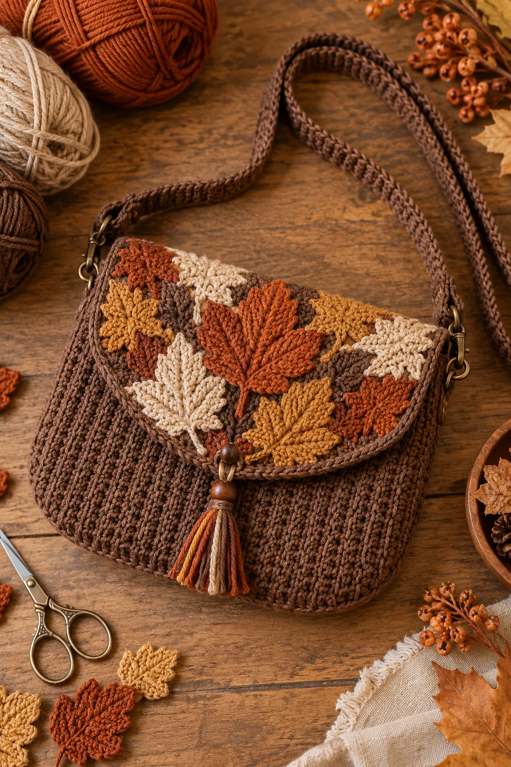 Autumn Leaf Crossbody — brown crochet bag style outfit