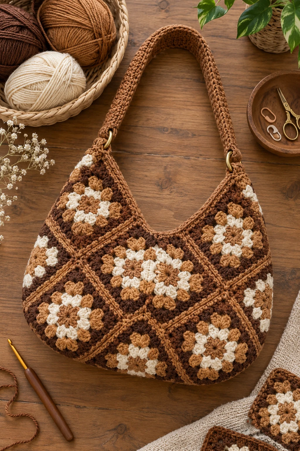 Caramel Granny-Square Shoulder Bag — brown crochet bag style outfit