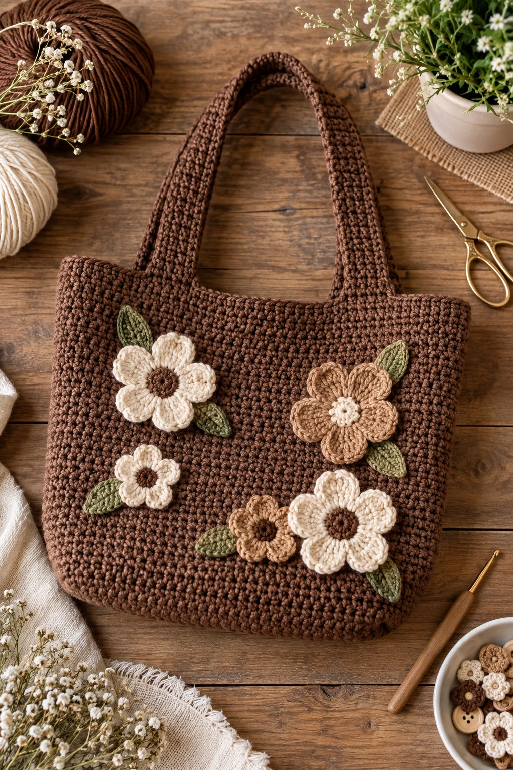 Brown Crochet Bag With Flowers — brown crochet bag style outfit