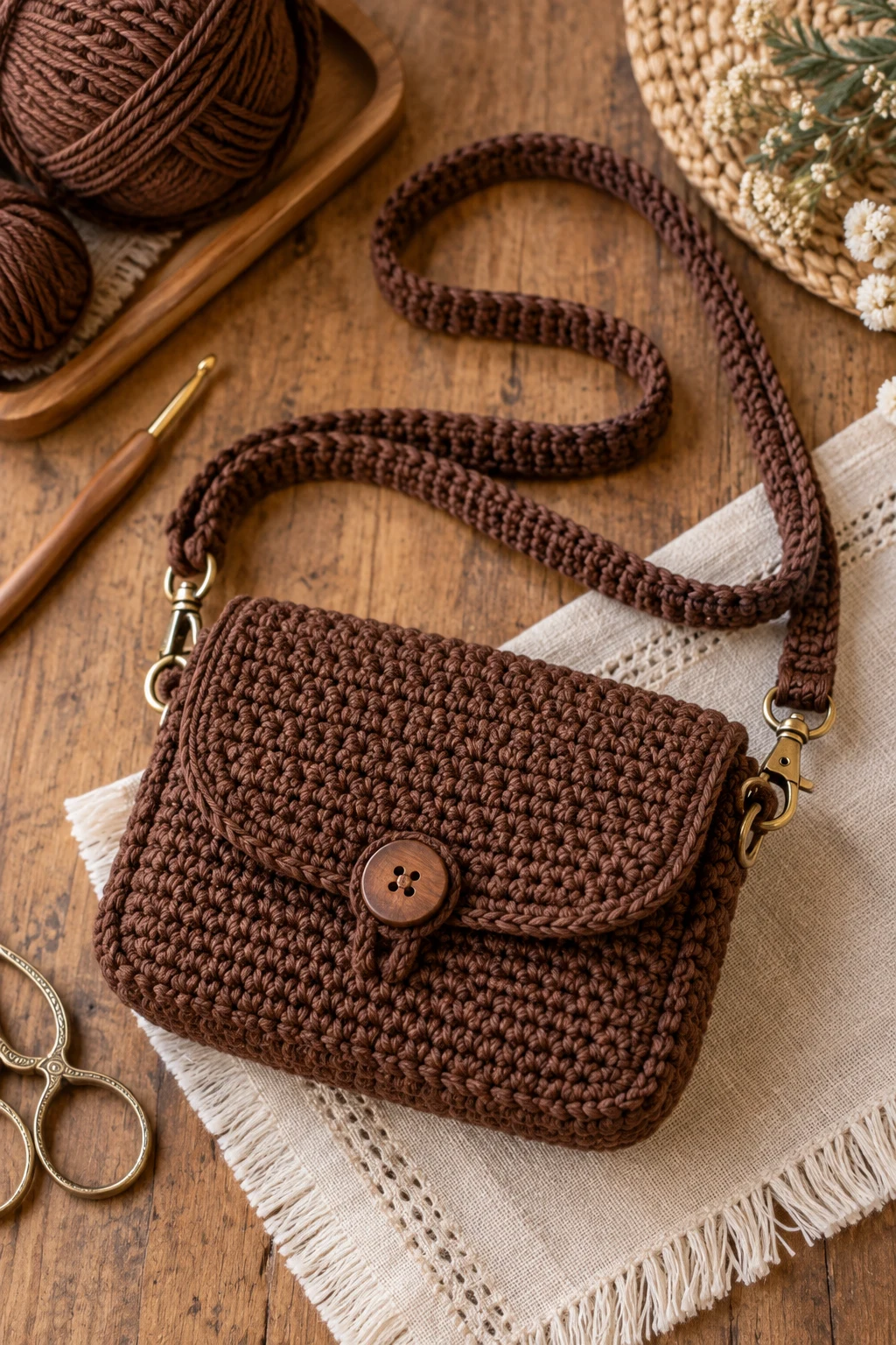 Small Espresso Crossbody — brown crochet bag style outfit