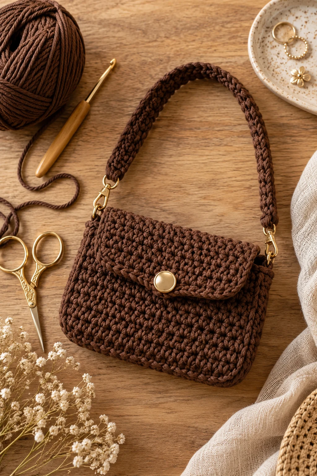 Small Brown Crochet Bag for Minimalist Outfits — brown crochet bag style outfit