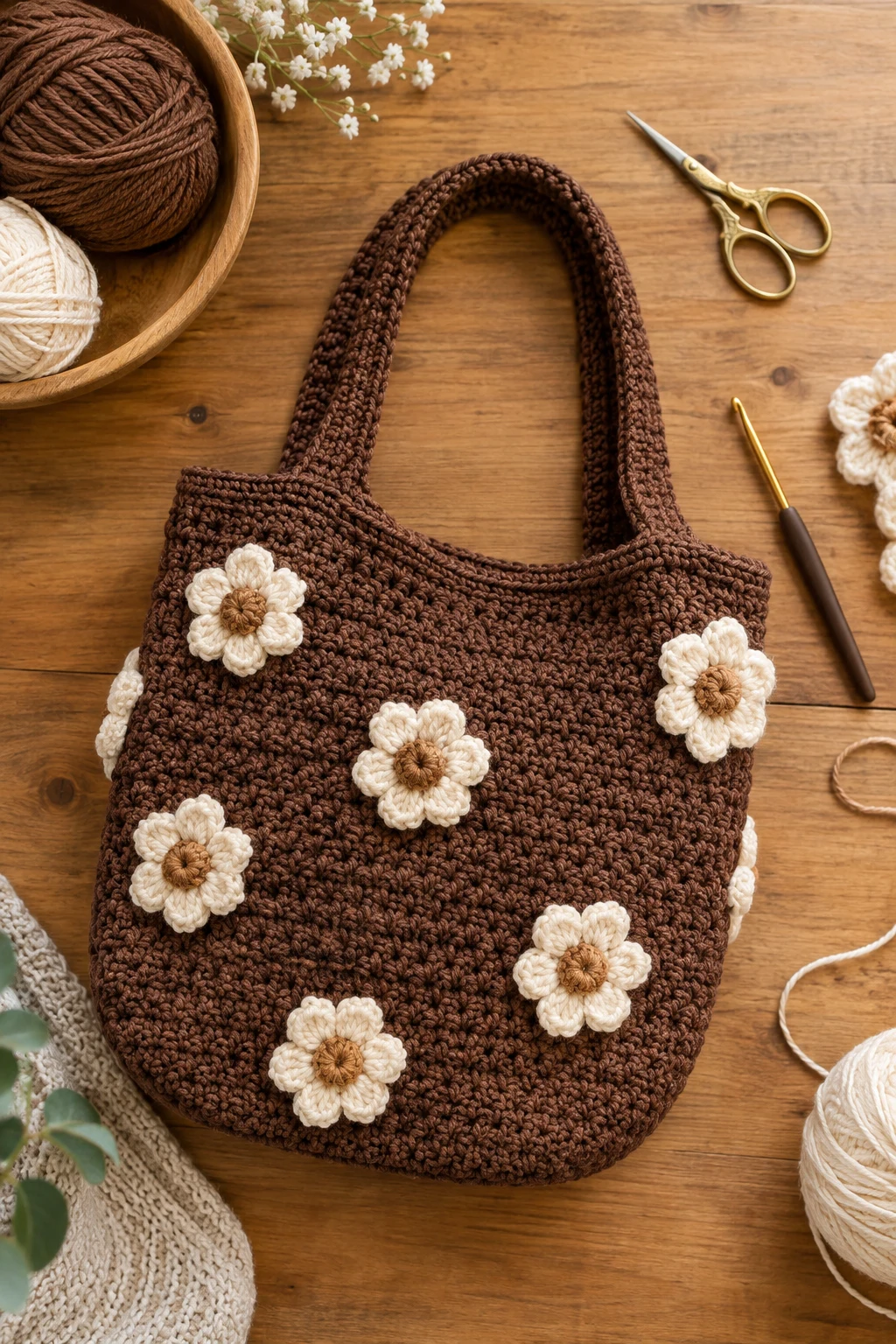 Brown Crochet Bag With Flowers — brown crochet bag style outfit
