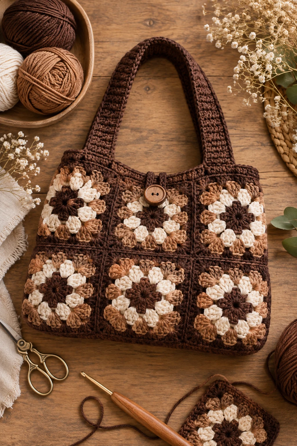 Granny Square Brown Crochet Bag — brown crochet bag style outfit