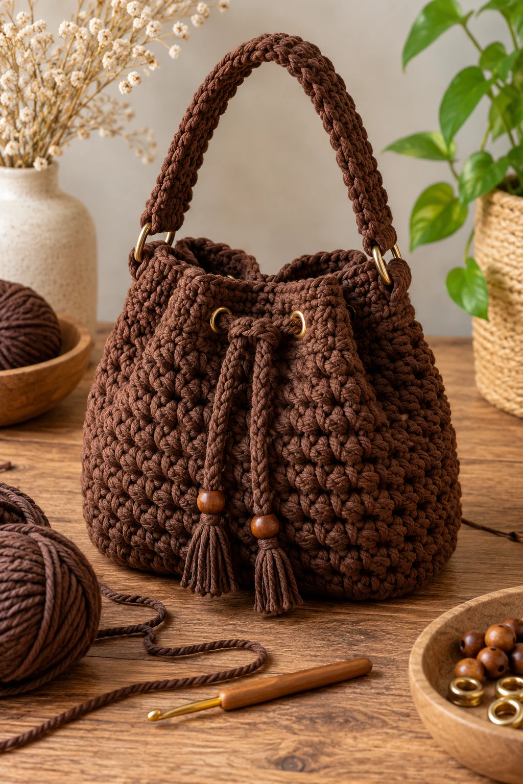 Chunky Chocolate Bucket Bag — brown crochet bag style outfit