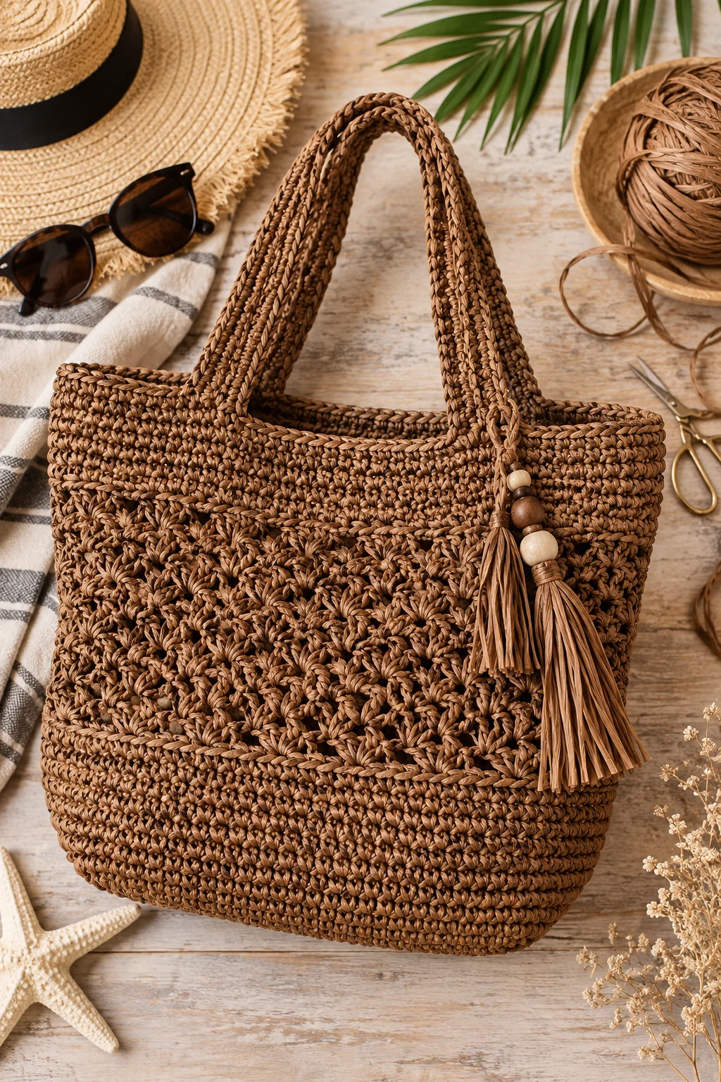 Raffia Brown Crochet Beach Bag — brown crochet bag style outfit