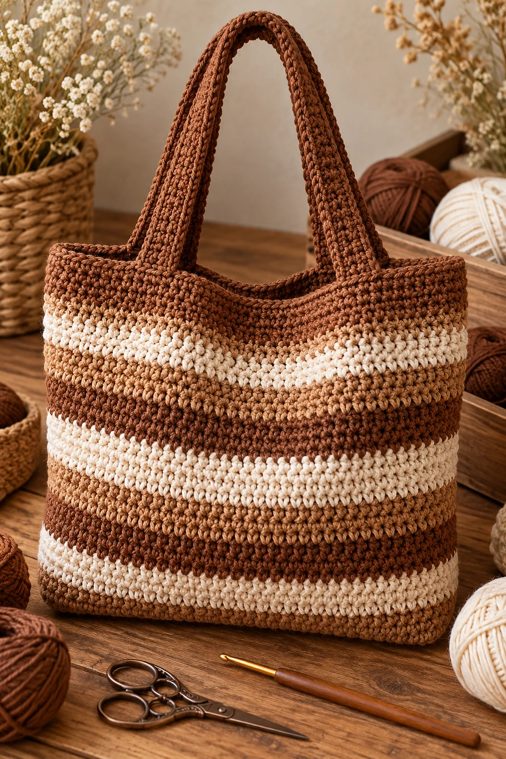 Cinnamon Stripe Tote — brown crochet bag style outfit
